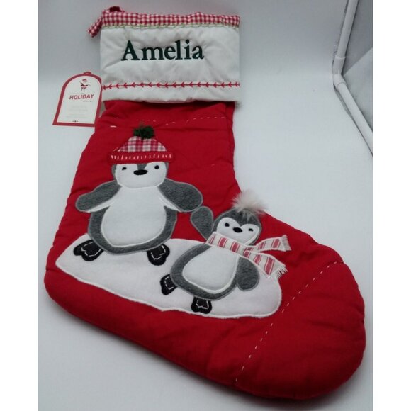 Pottery Barn Kids Amelia Winter Penguins Christmas Holiday Stocking Quilted Red - Picture 1 of 9